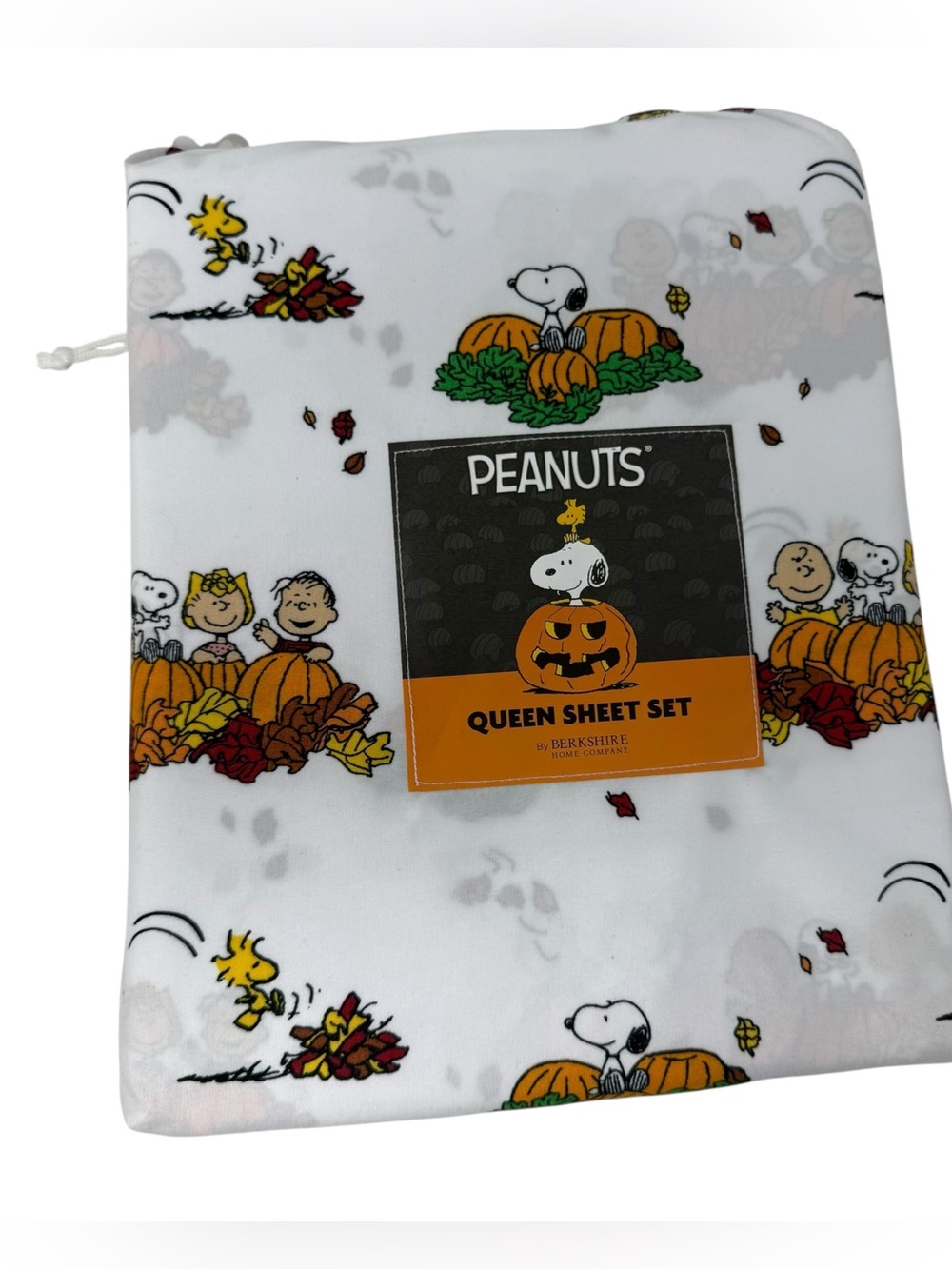 Peanuts Snoopy Fall Autumn Queen Sheet set Leaves Pumpkins Hard to find NWT